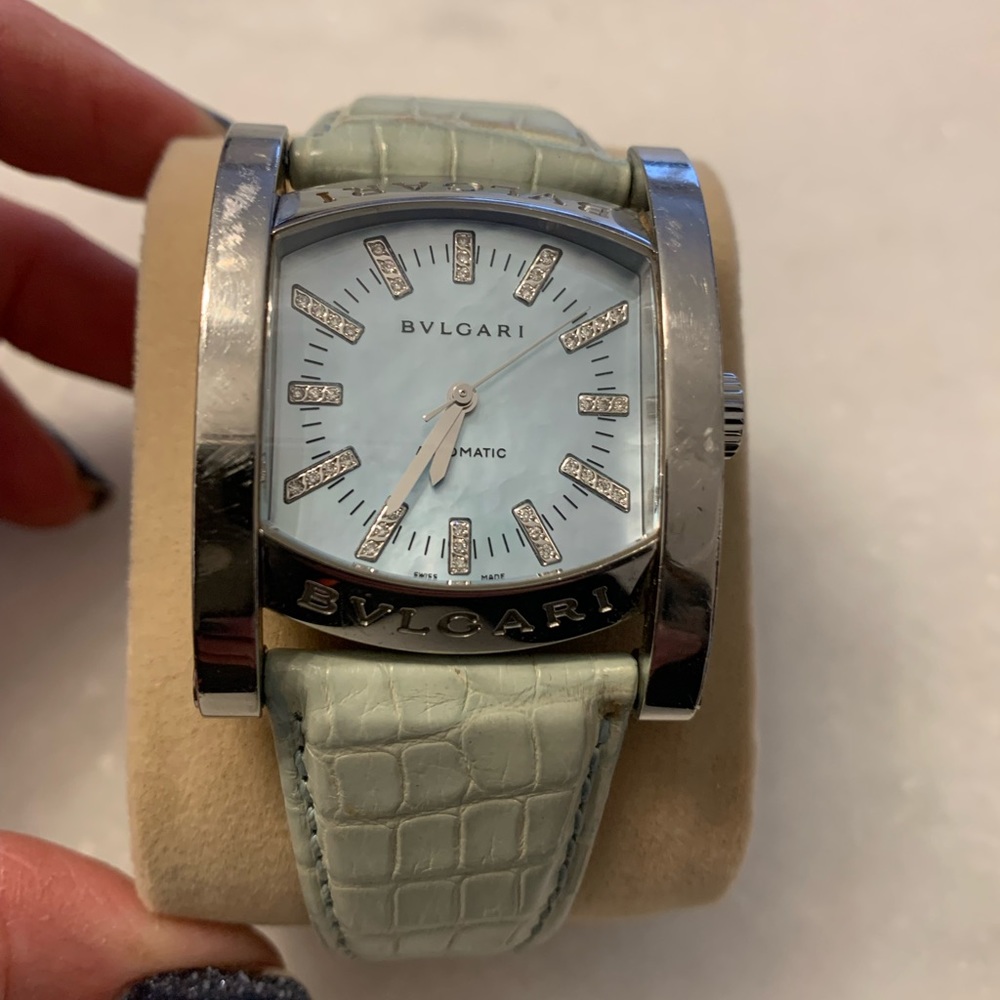 Bvlgari Womens Assioma SS Mother of Pearl Lt Blue leather with pave diamonds